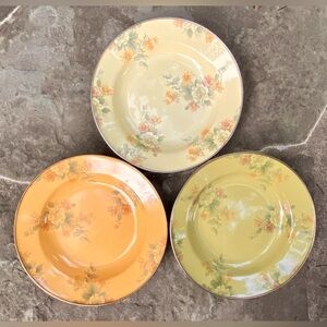 Three Mackenzie-Childs Vintage Enamel Floral Bowls in Apricot Green & Cream
